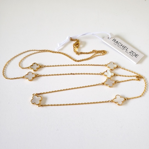Rachel Zoe Clover MOP Long Necklace Yellow Gold Plate Sterling Silver - Picture 1 of 6